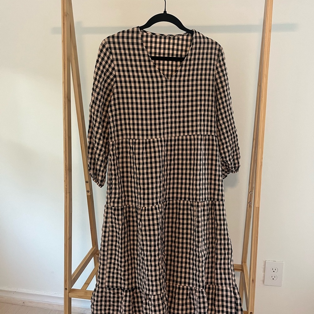 Pink and black plaid dress with v neck
